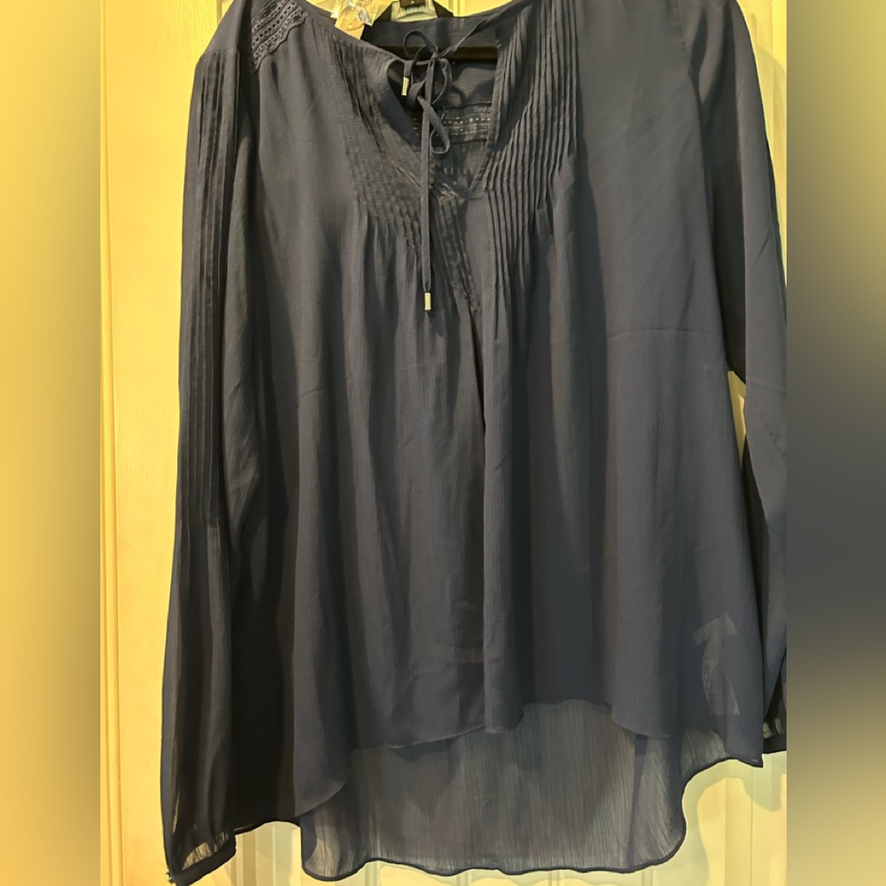White House Black Market Blue Smocked Tie Front Blouse
